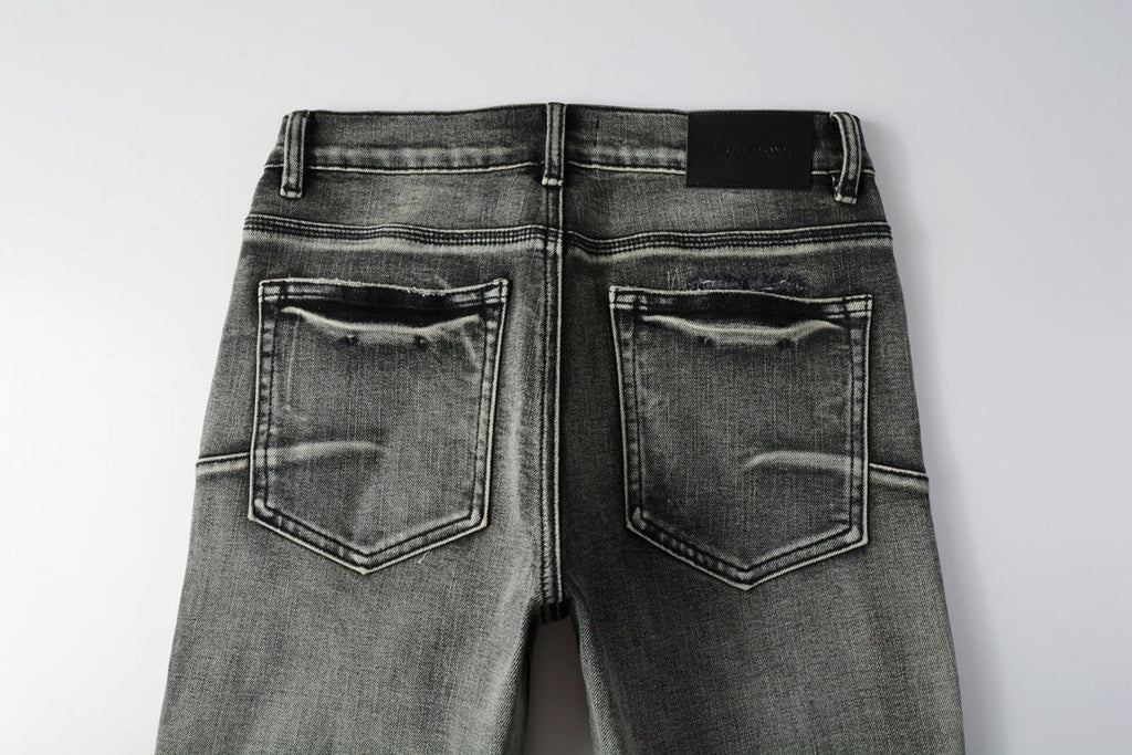 Men Classic Streetwear Jeans Distressed Black Grey Ripped skinny 9068