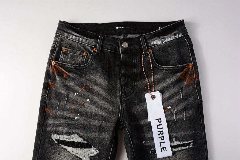Men Streetwear Skinny Jeans Dark Gray Wash with Distressed Rips and Multi-Color Paint Splatter 9018