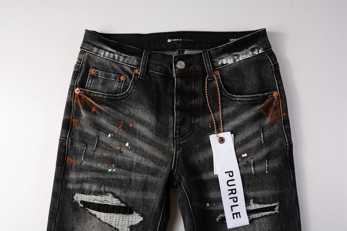 Men Streetwear Skinny Jeans Dark Gray Wash with Distressed Rips and Multi-Color Paint Splatter 9018