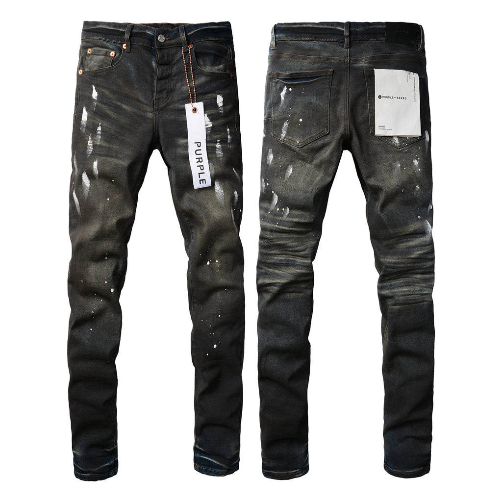 Men Streetwear Skinny Jeans Dark Gray Wash with White Paint Splatter and Brush Strokes 9036
