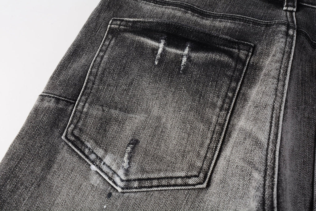 Men Streetwear Skinny Jeans Dark Gray Wash with White Paint Splatter and Distressed Rips 9032