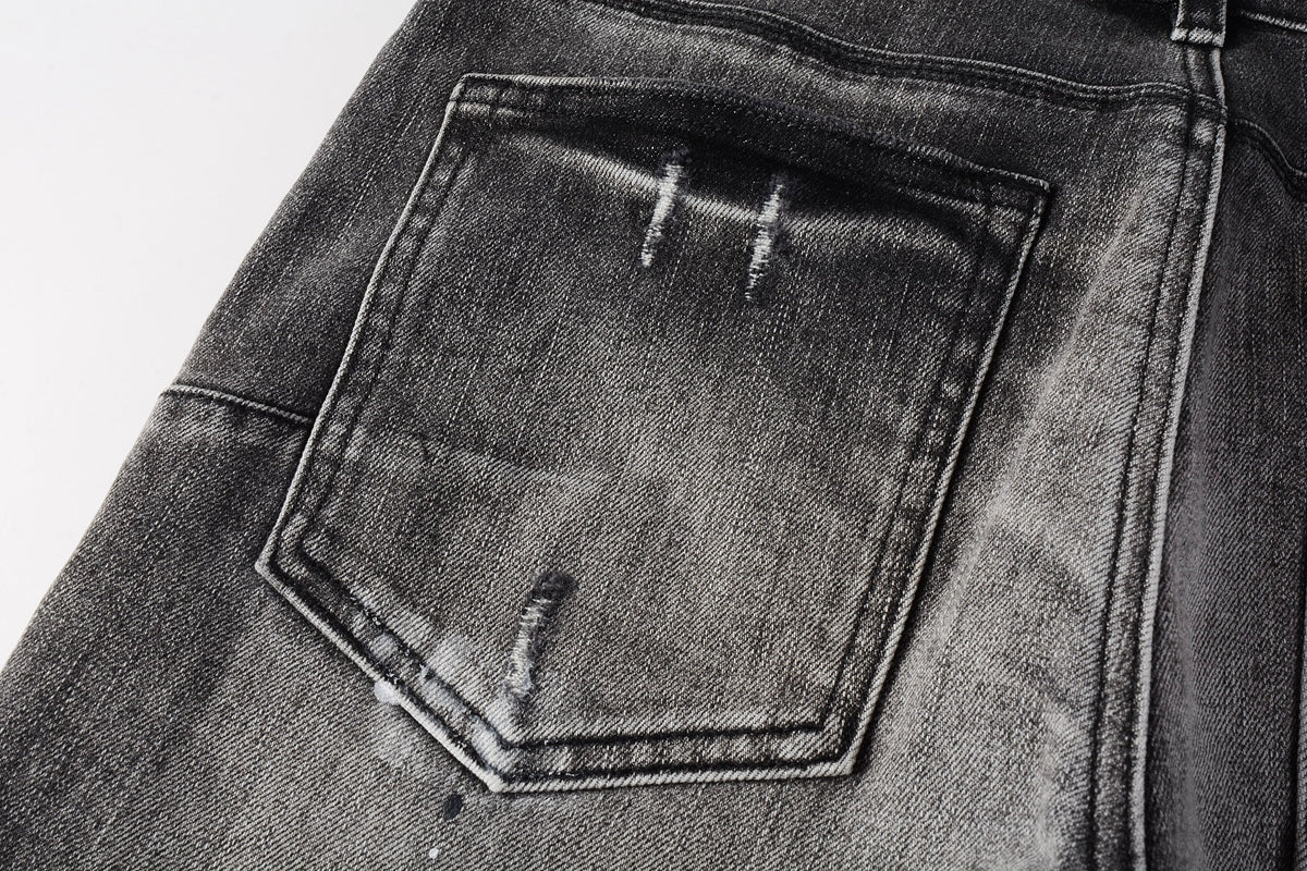 Men Streetwear Skinny Jeans Dark Gray Wash with White Paint Splatter and Distressed Rips 9032