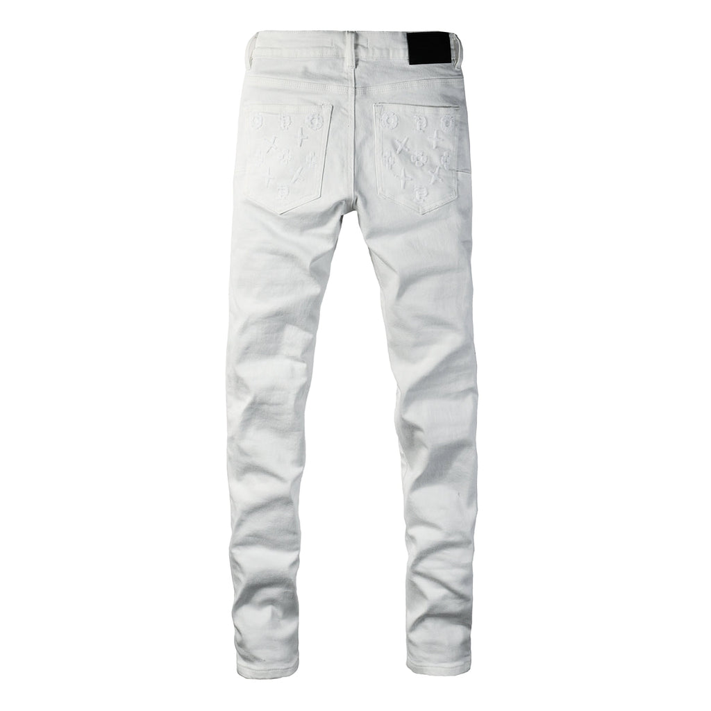 Men Designer Streetwear Skinny Jeans Solid White with 3D Embossed Monogram Pattern 9113