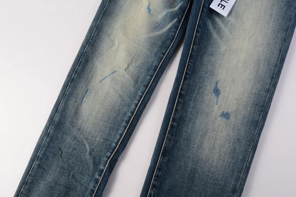 Men Streetwear Skinny Jeans Light Blue Wash with Vintage Faded Wash and Subtle Distress 9055