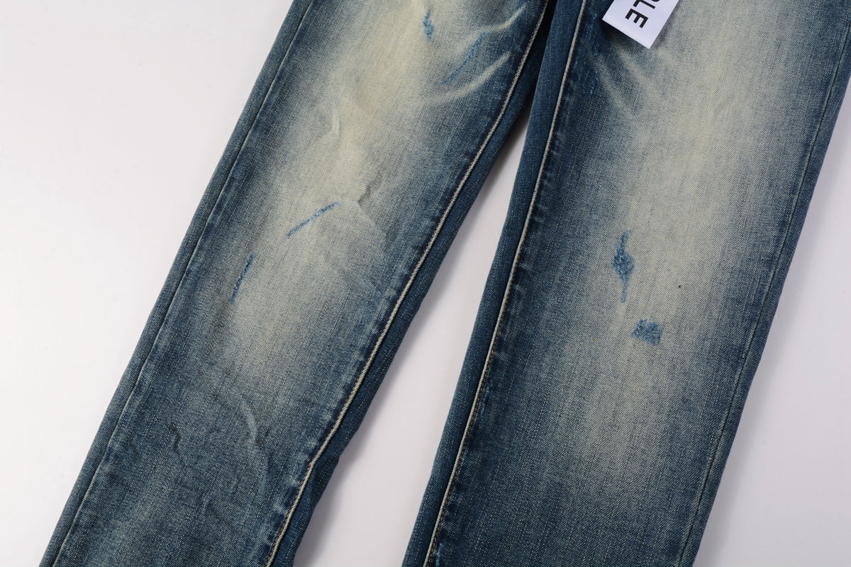 Men Streetwear Skinny Jeans Light Blue Wash with Vintage Faded Wash and Subtle Distress 9055