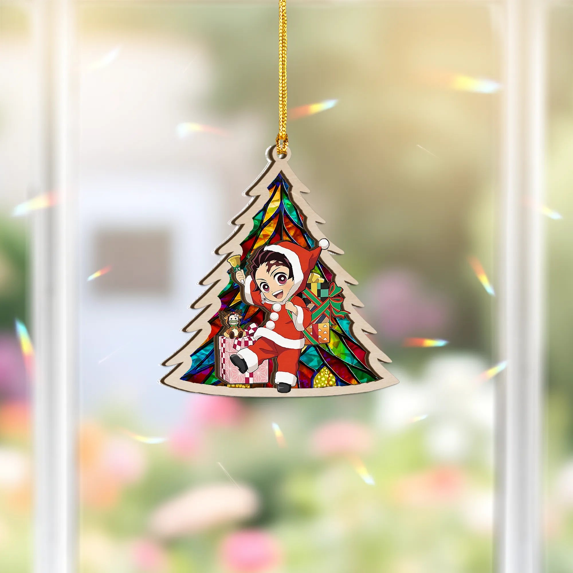 Tanjiro Kamado Demon Slayer Wood and Broken Glass Hologram Ornament - 5 in