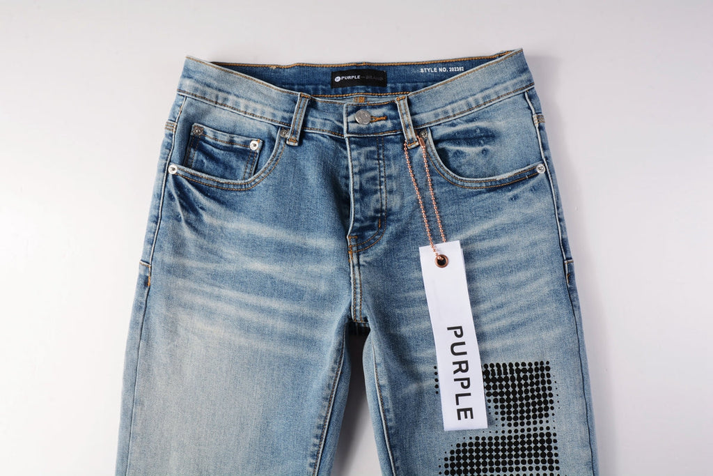 Men Streetwear Skinny Jeans Light Blue Wash with Black Pixelated Pattern Print 9052