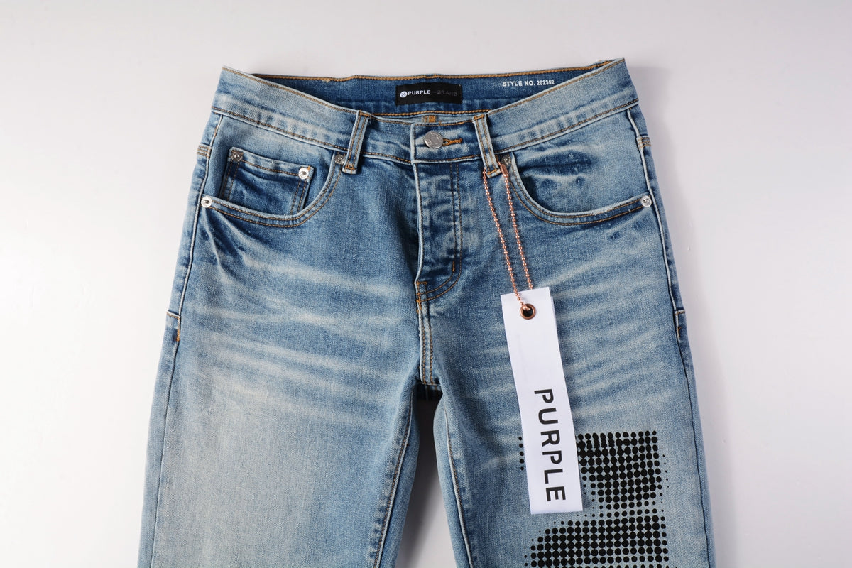 Men Streetwear Skinny Jeans Light Blue Wash with Black Pixelated Pattern Print 9052