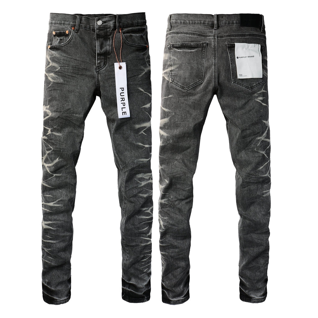 Men Streetwear Skinny Jeans Dark Gray Wash with White Marbled Texture 9056