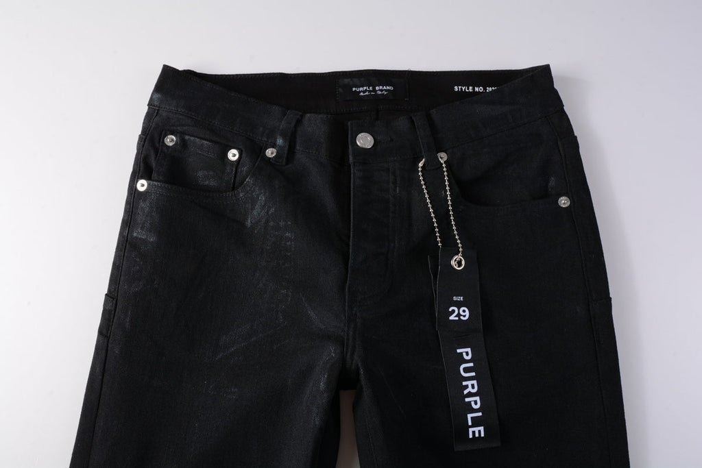 Men Streetwear Skinny Jeans Black Wash with Subtle Sheen and Tag Accent 9082