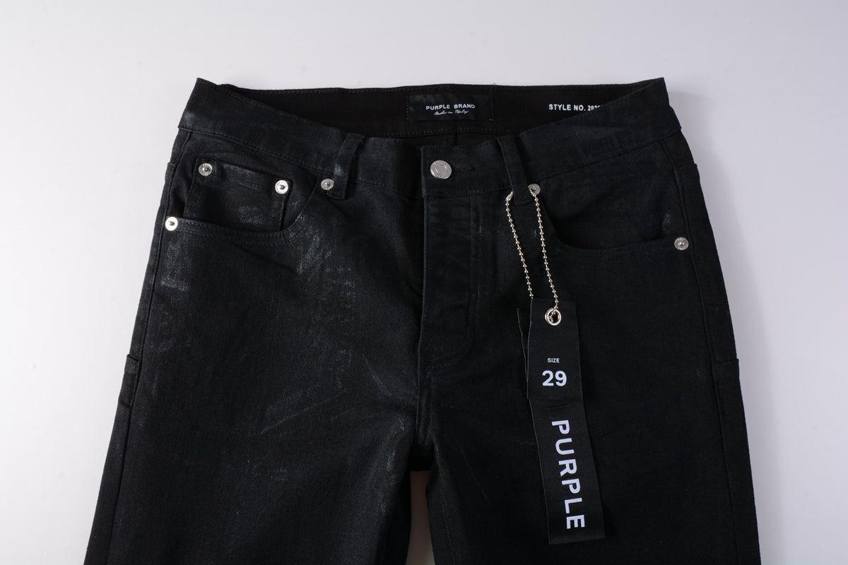Men Streetwear Skinny Jeans Black Wash with Subtle Sheen and Tag Accent 9082