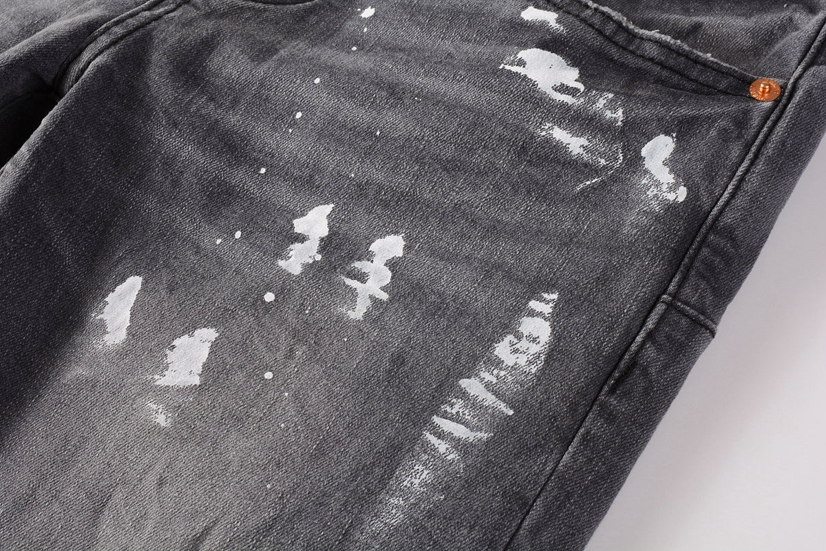 Men Streetwear Skinny Jeans Dark Gray Wash with Knee Rips and White Paint Splatter 9039