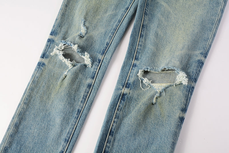 Men Streetwear Skinny Jeans Light Blue Wash with Distressed Ripped Knee Details 9076