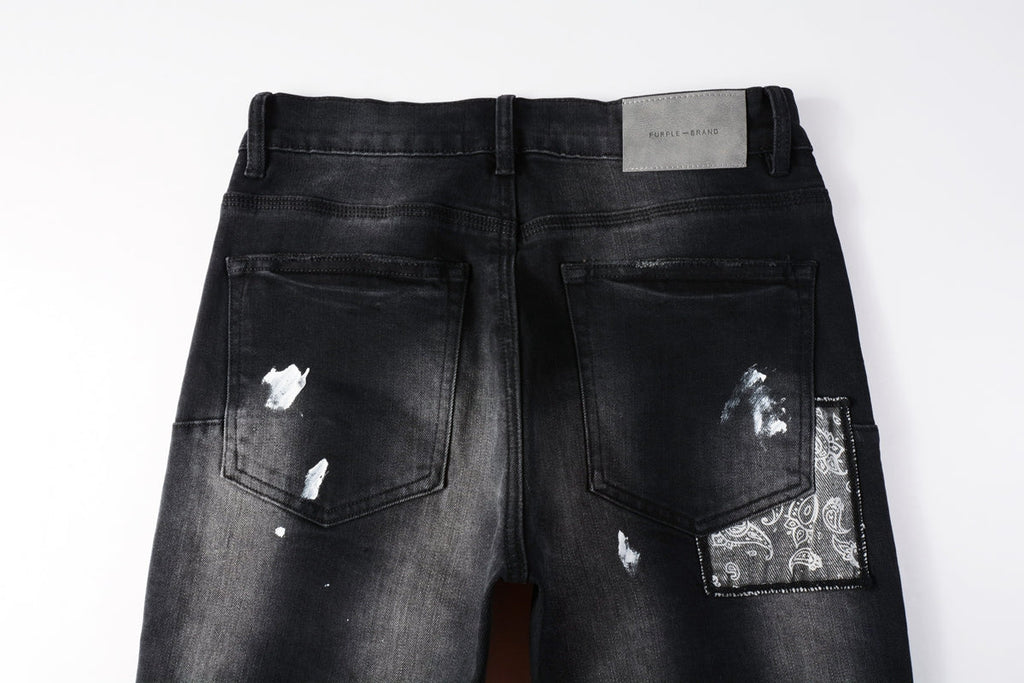 Men Streetwear Jeans Distressed Black Paint Splash Patch Ripped skinny 9099