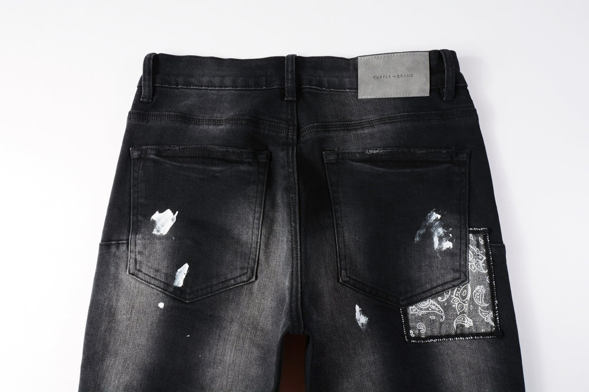 Men Streetwear Jeans Distressed Black Paint Splash Patch Ripped skinny 9099