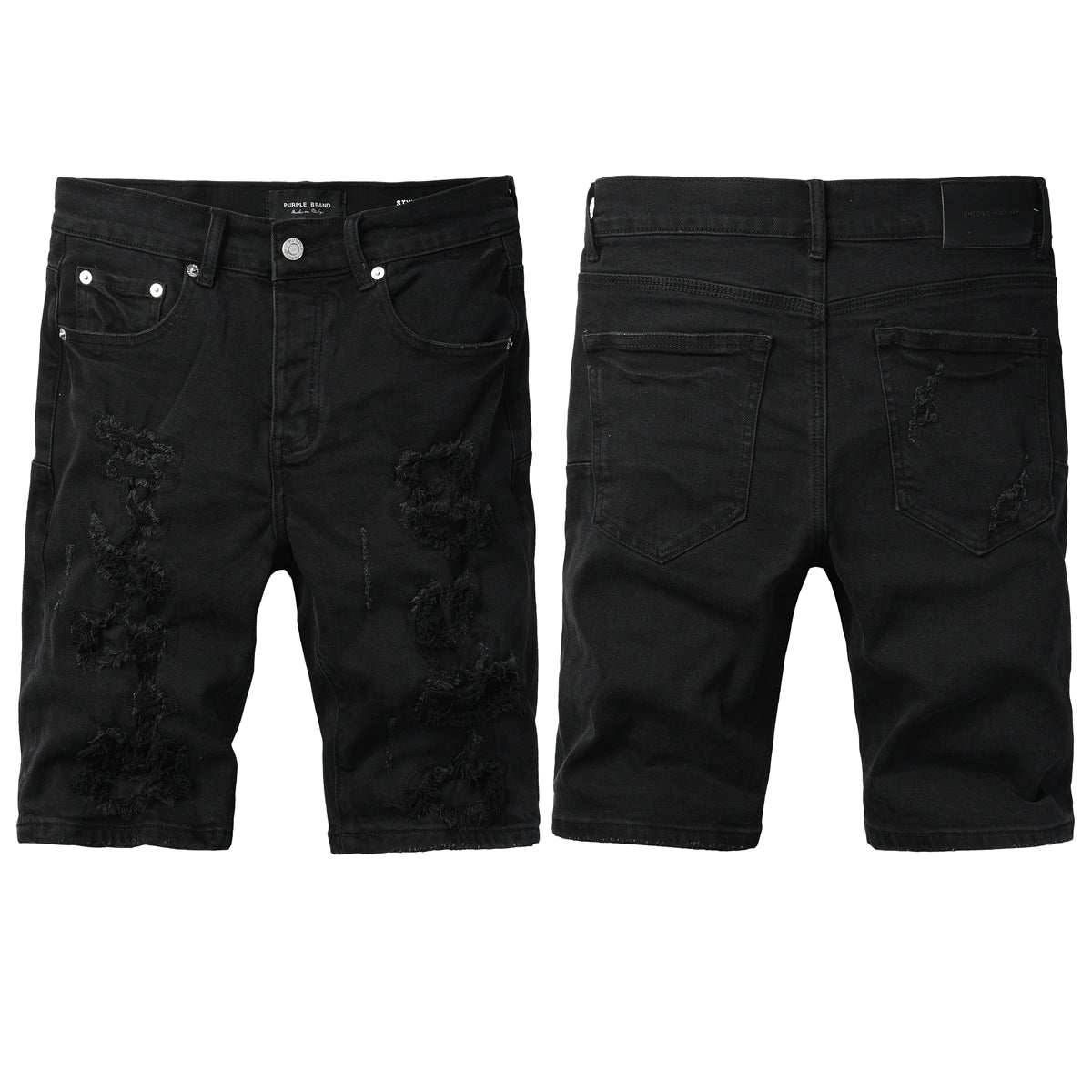 Men Streetwear Black Denim Shorts with Distressed Ripped Details and Raw Hem 5108