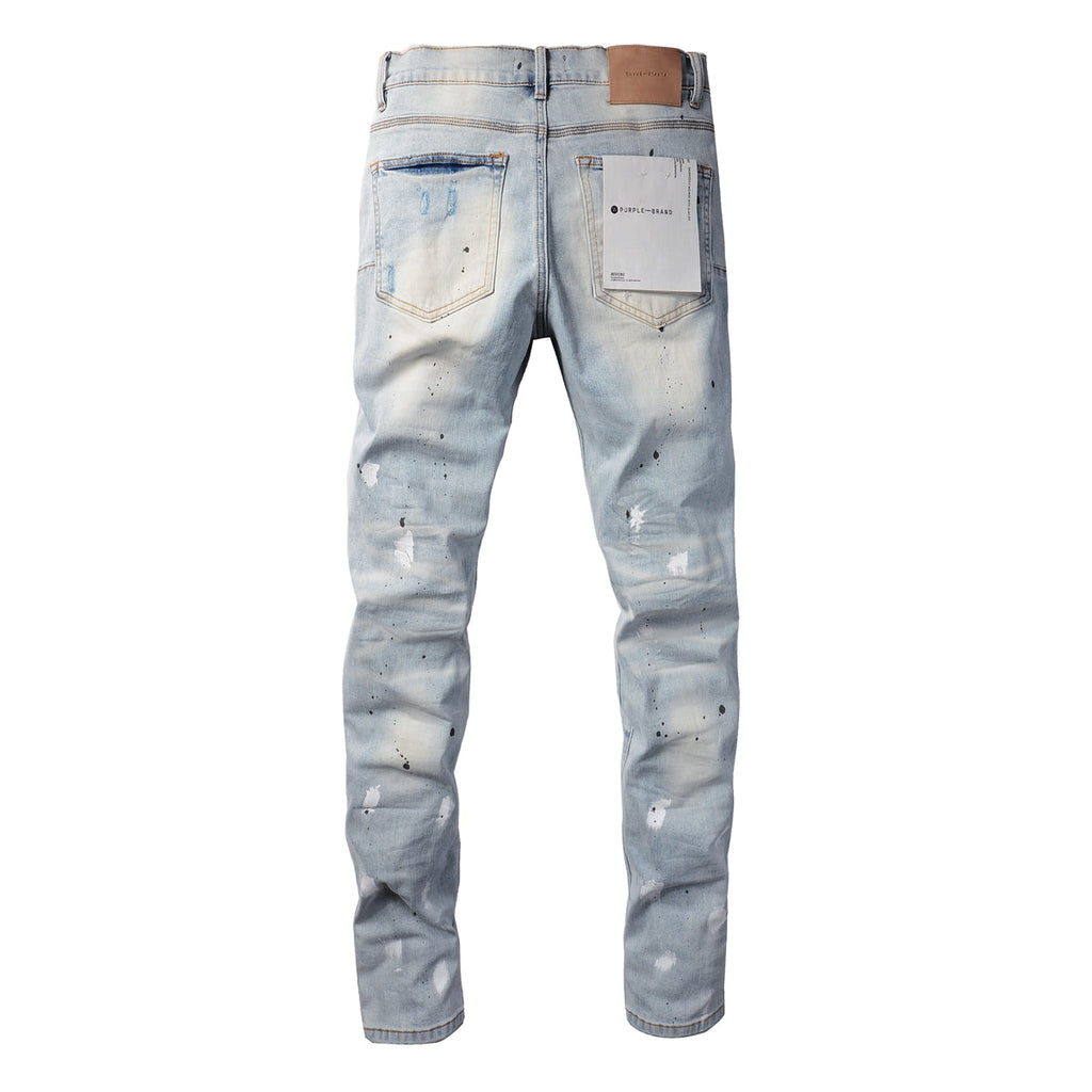 Men Streetwear Skinny Jeans Light Blue Wash with White Paint Splatter and Subtle Distress 9006