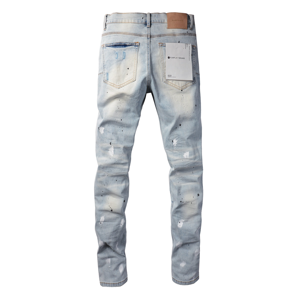 Men Streetwear Skinny Jeans Light Blue Wash with White Paint Splatter and Subtle Distress 9006