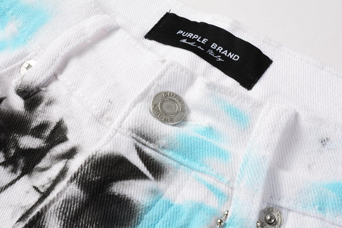 Men Streetwear Denim Shorts White Wash with Blue - Black Ink Floral Print and Raw Hem 5065