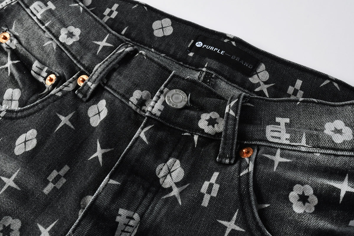 Men Classic Street Skinny Jeans Dark Grey Monogram Print All Over Distressed Style 9112