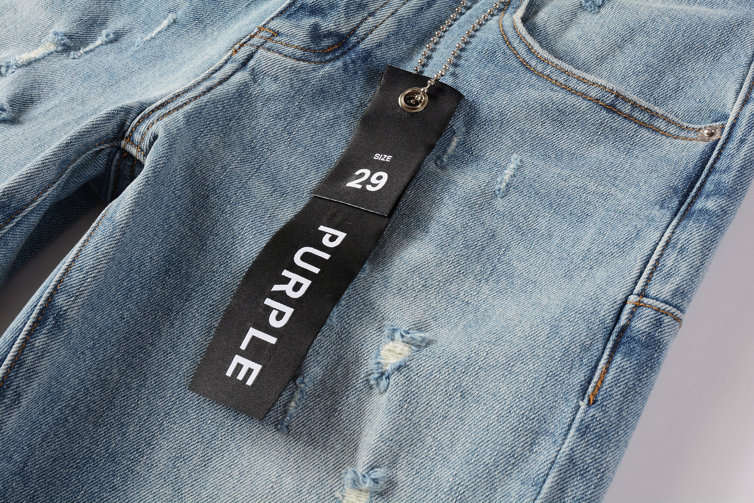 Men Streetwear Skinny Jeans Light Blue Wash with Subtle Distressed Ripped Details 9075