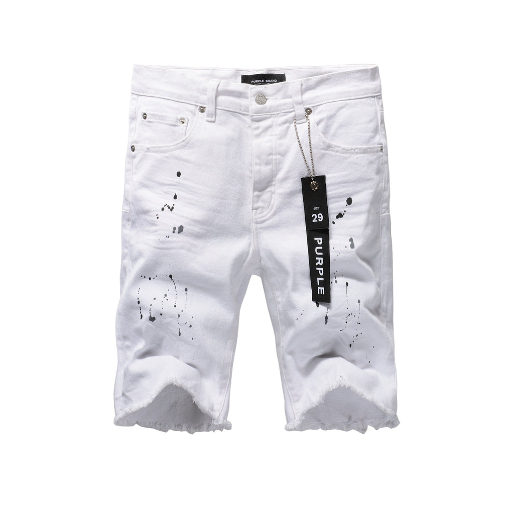 Men Streetwear Denim Shorts White Wash with Black Paint Splatter Print and Raw Hem 5021