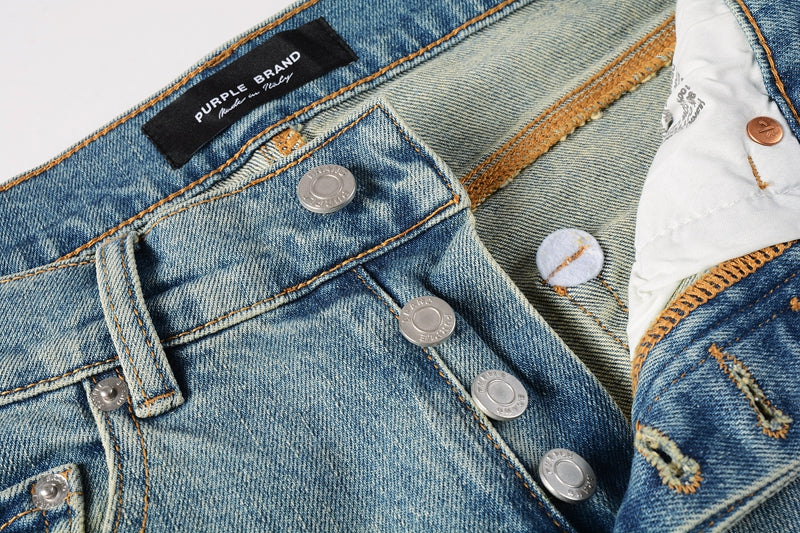 Men Streetwear Skinny Jeans Light Blue Wash with Distressed Ripped Knee Details 9076