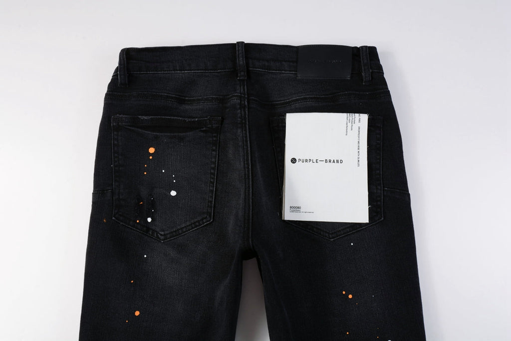 Mens Jeans - Distressed Black Denim with Knee Slit and Ripped Hole 9045