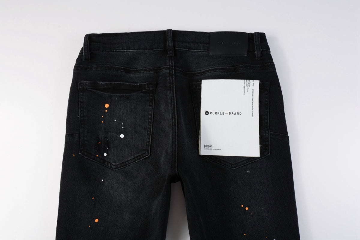 Mens Jeans - Distressed Black Denim with Knee Slit and Ripped Hole 9045