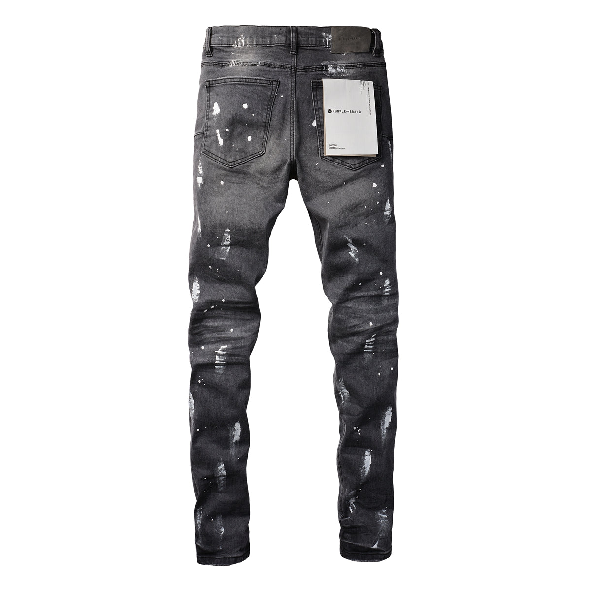Men Streetwear Skinny Jeans Dark Gray Wash with Knee Rips and White Paint Splatter 9039