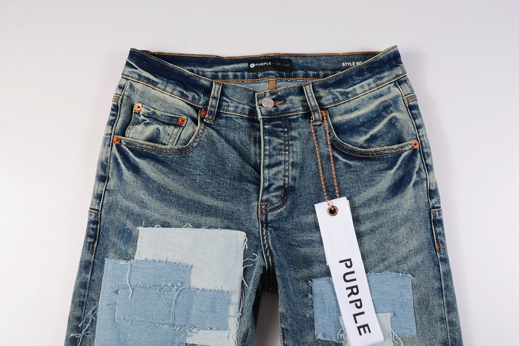 Men Streetwear Skinny Jeans Light Blue Wash with Patchwork Distressed Details 9015