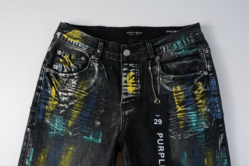 Men Streetwear Skinny Jeans Black Wash with Colorful Graffiti Paint Splash 9078