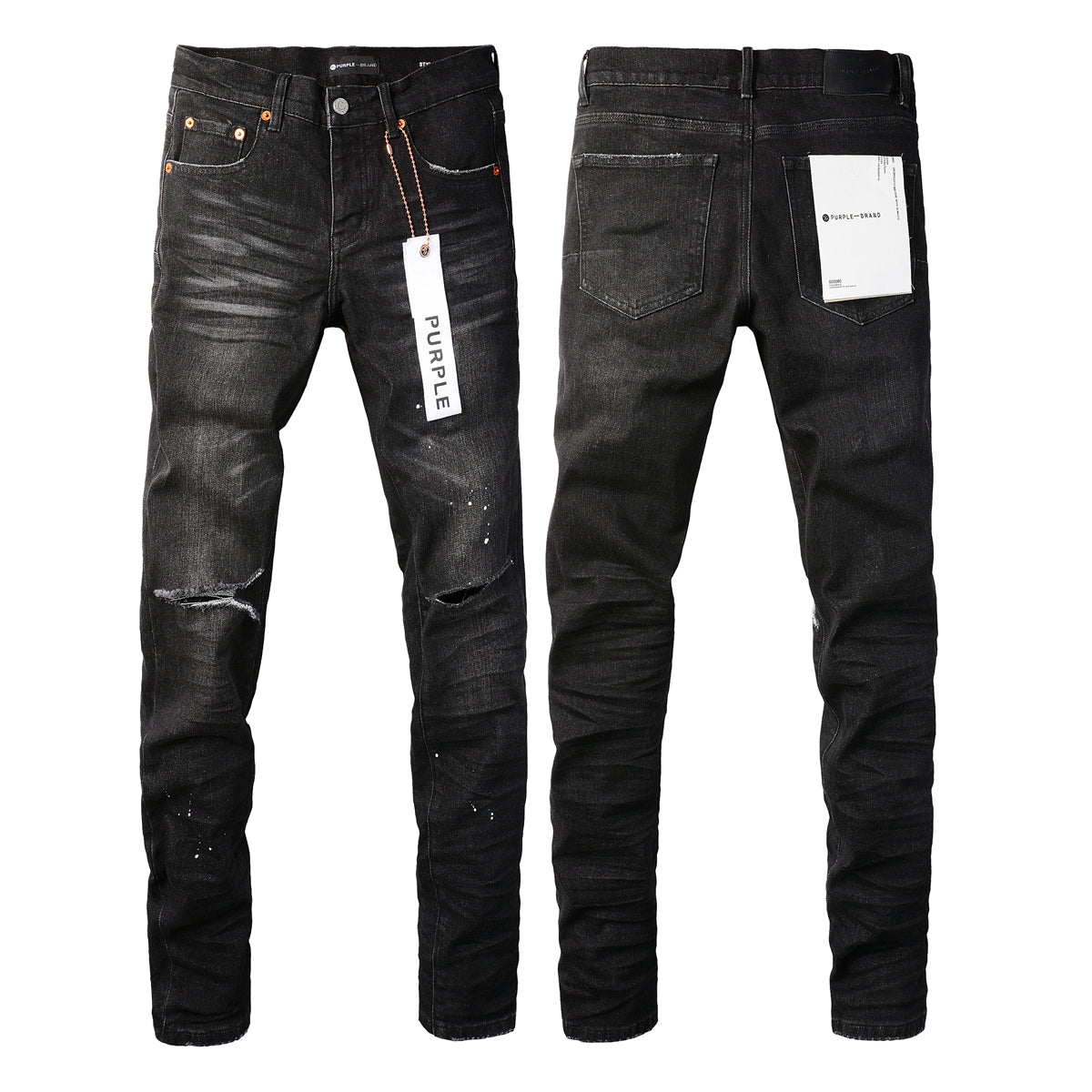 Men Streetwear Skinny Jeans Black Wash with Knee Rips and White Paint Specks 9035
