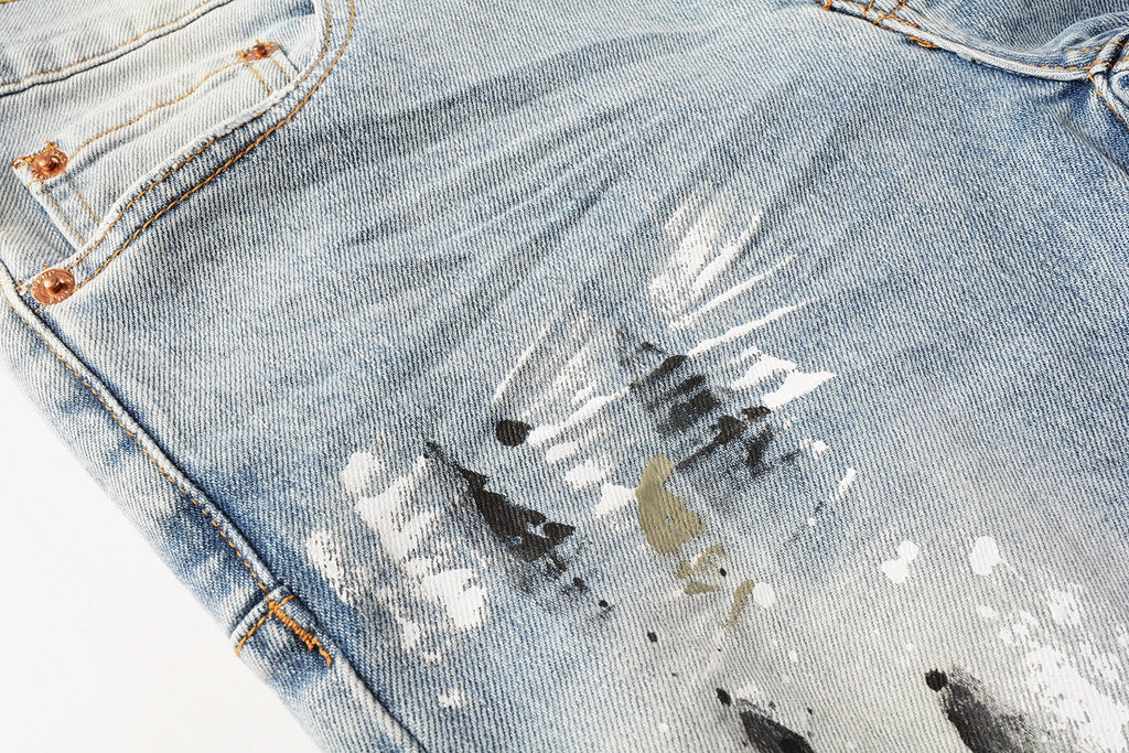 Men Streetwear Jeans Light Blue Paint Splash Distressed Ripped skinny 9100