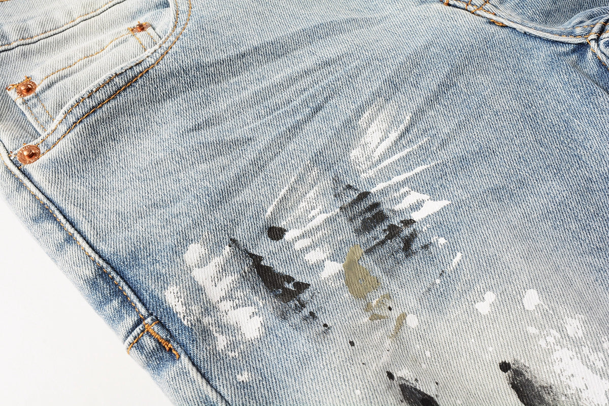 Men Streetwear Jeans Light Blue Paint Splash Distressed Ripped skinny 9100