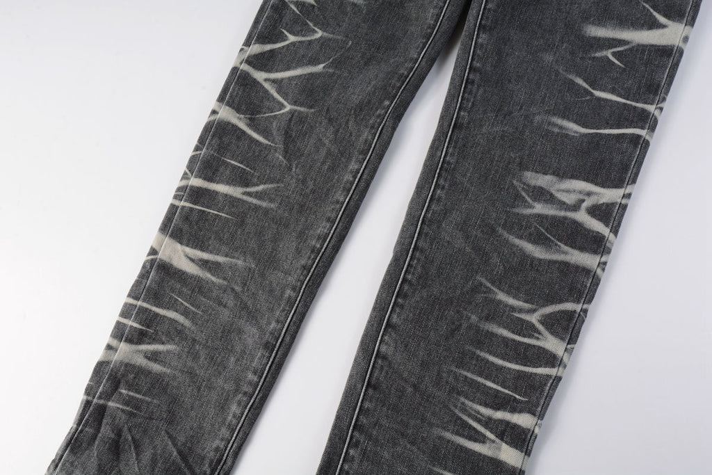Men Streetwear Skinny Jeans Dark Gray Wash with White Marbled Texture 9056