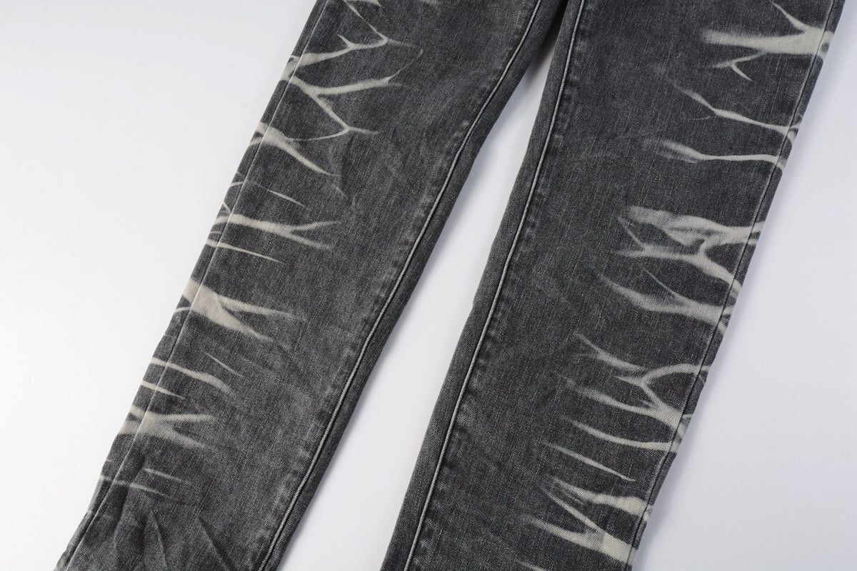 Men Streetwear Skinny Jeans Dark Gray Wash with White Marbled Texture 9056