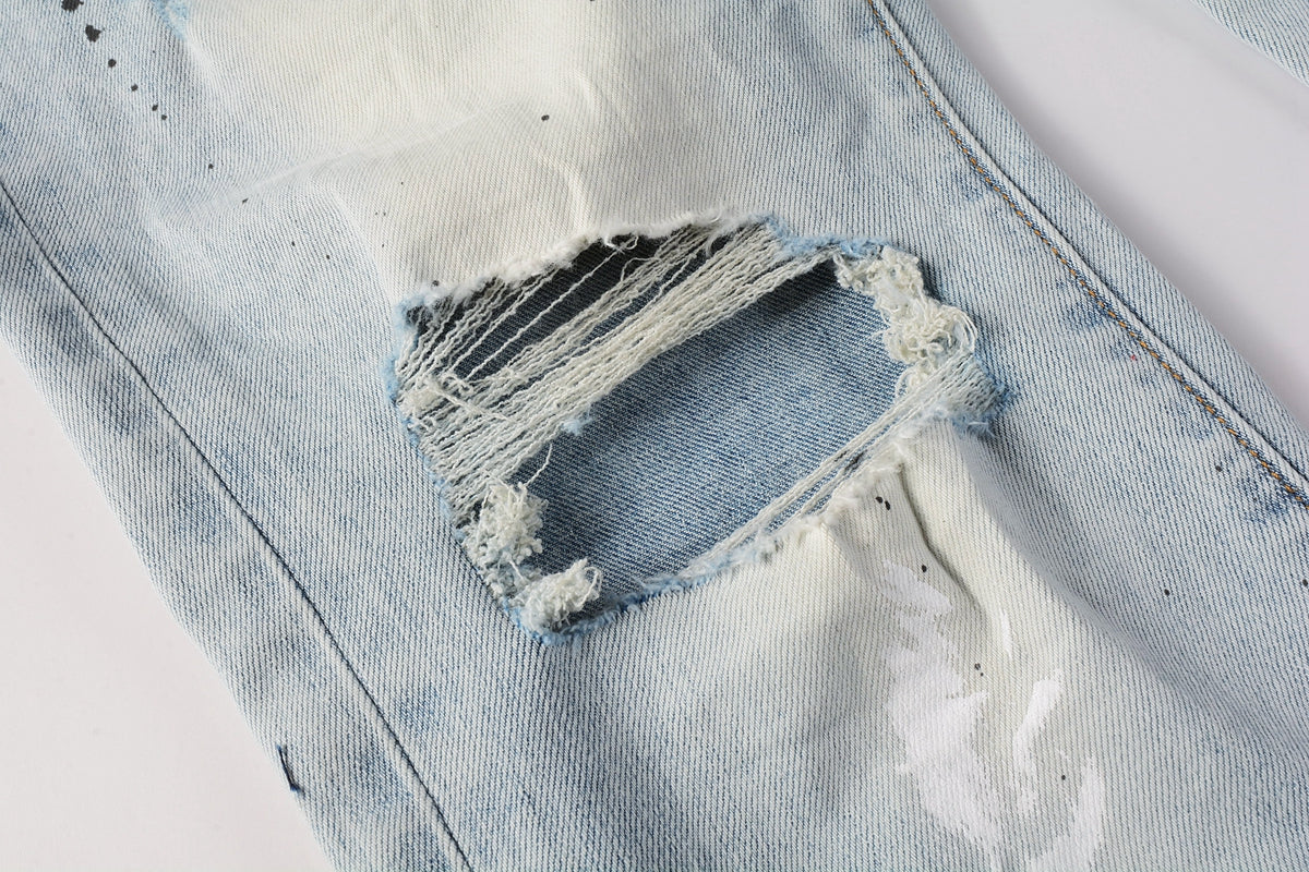 Men Streetwear Skinny Jeans Light Blue Wash with White Paint Splatter and Subtle Distress 9006
