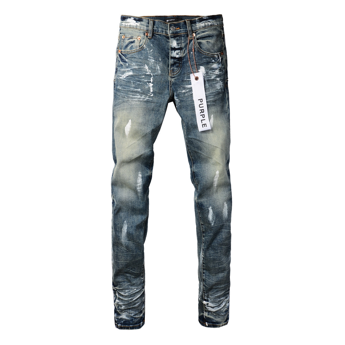 Men Streetwear Skinny Jeans Light Blue Wash with White Paint Brush Strokes 9060
