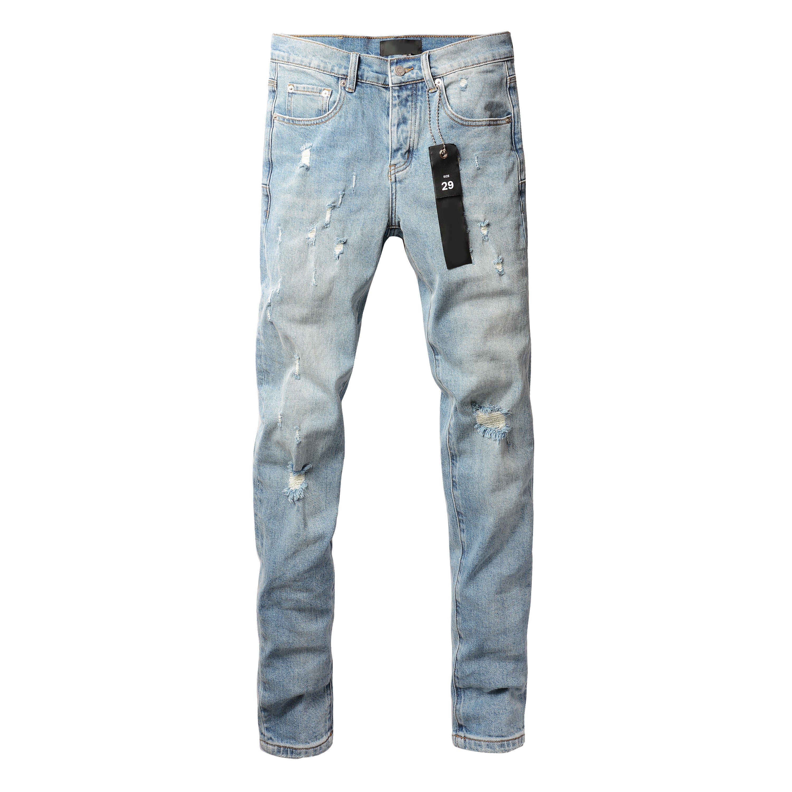 Men Streetwear Skinny Jeans Light Blue Wash with Subtle Distressed Ripped Details 9075