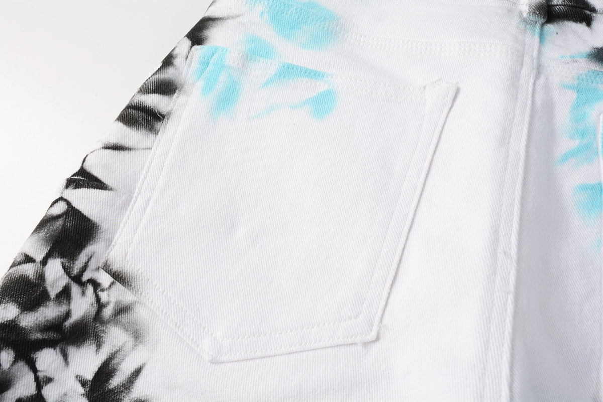 Men Streetwear Denim Shorts White Wash with Blue - Black Ink Floral Print and Raw Hem 5065