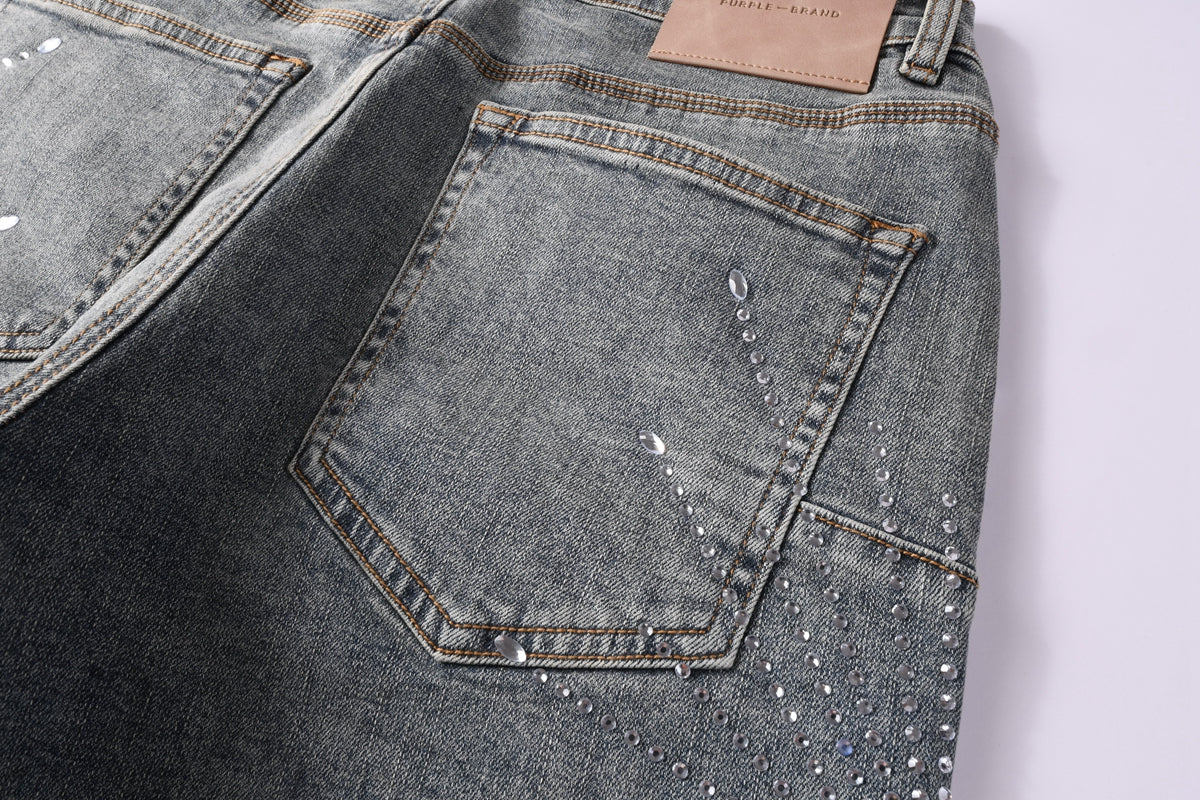 Men Streetwear Light Blue Denim Shorts with Radial White Rhinestone Designs 5093