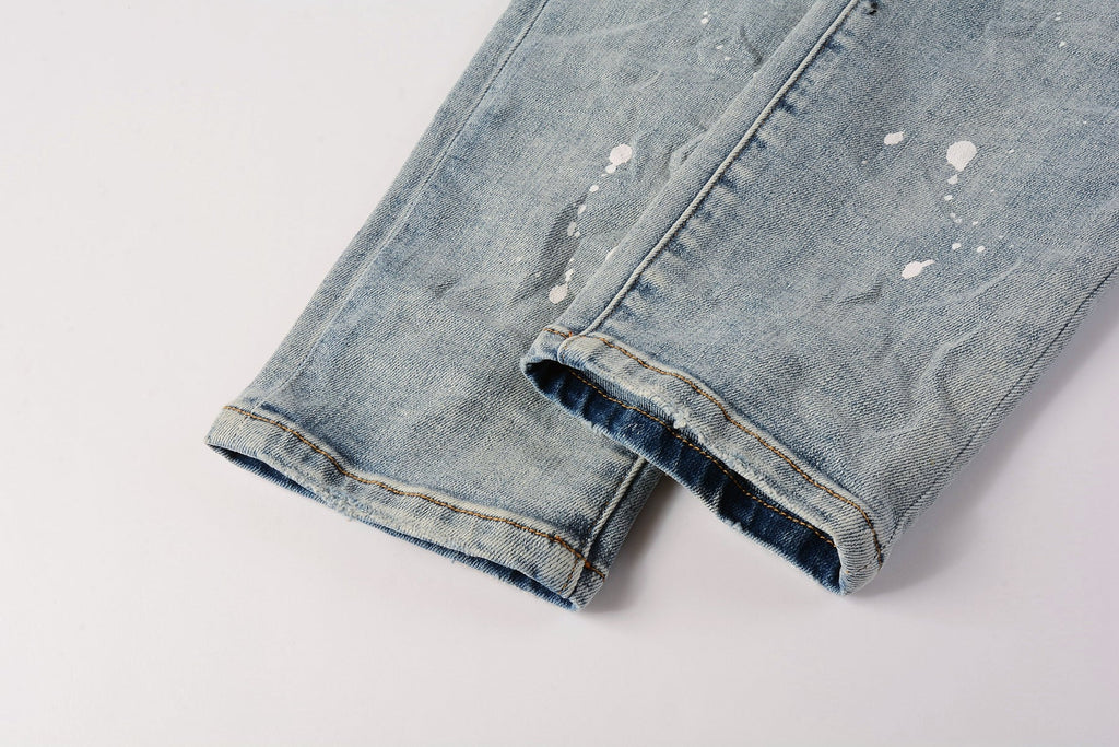 Men Streetwear Skinny Jeans Light Blue Wash with Heavy Distressed Rips and White Paint Splatter 9003
