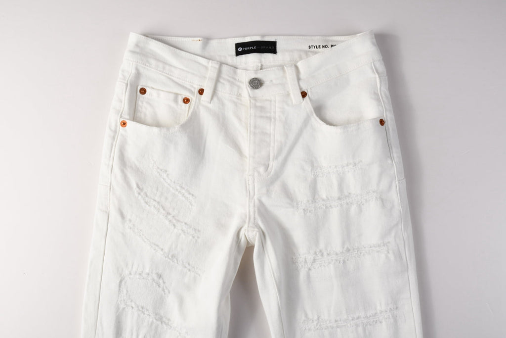 Men Classic Streetwear Skinny Jeans Solid White with Subtle Distressed Details PU9118