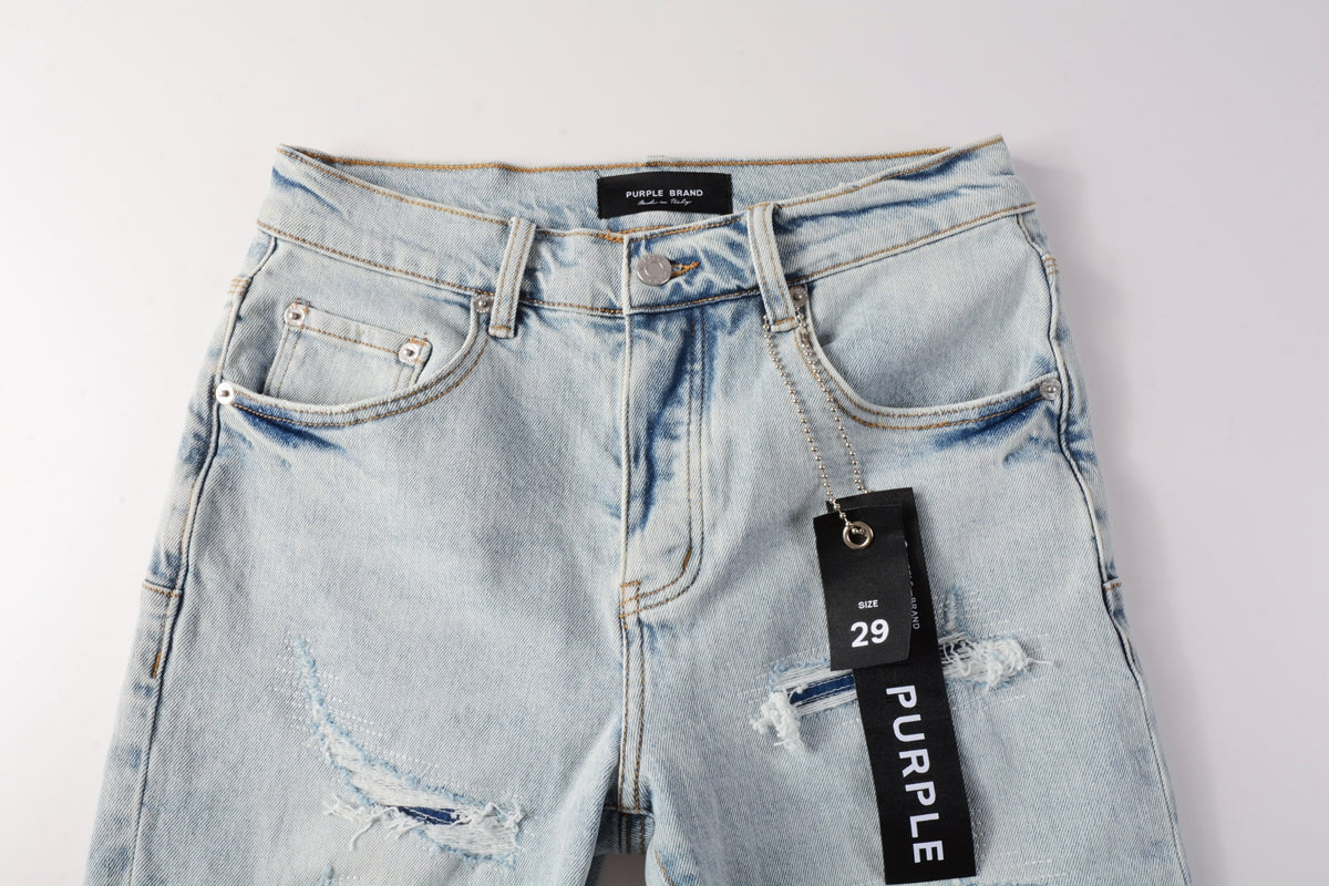 Men Streetwear Denim Shorts Light Blue Wash with Distressed Rips and Raw Hem 5088