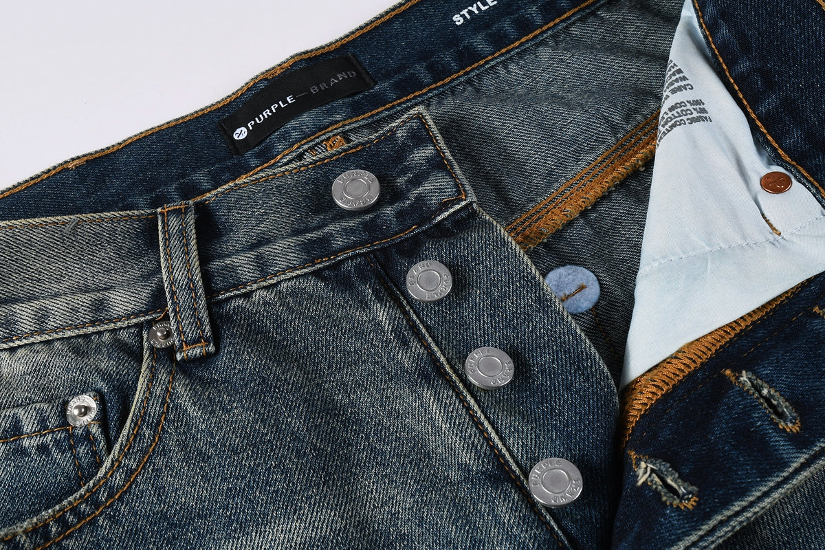 Men Vintage Streetwear Straight Jeans Blue Washed with Whisker Fade and Contrast Panels PU9120
