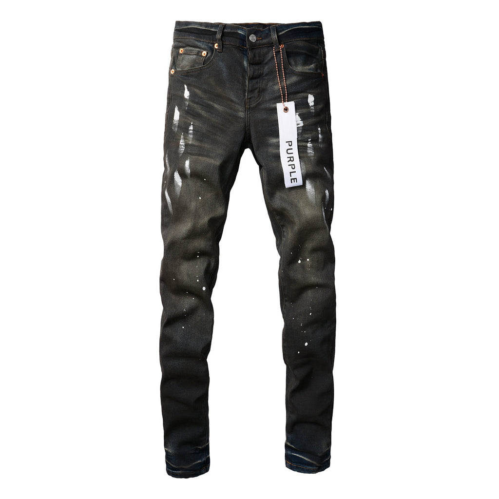 Men Streetwear Skinny Jeans Dark Gray Wash with White Paint Splatter and Brush Strokes 9036