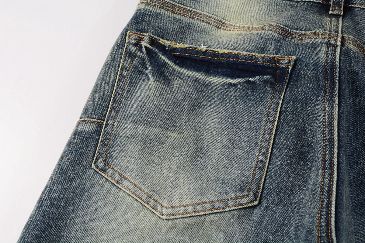 Men Streetwear Skinny Jeans Light Blue Wash with Faded Gradient Distress 9042