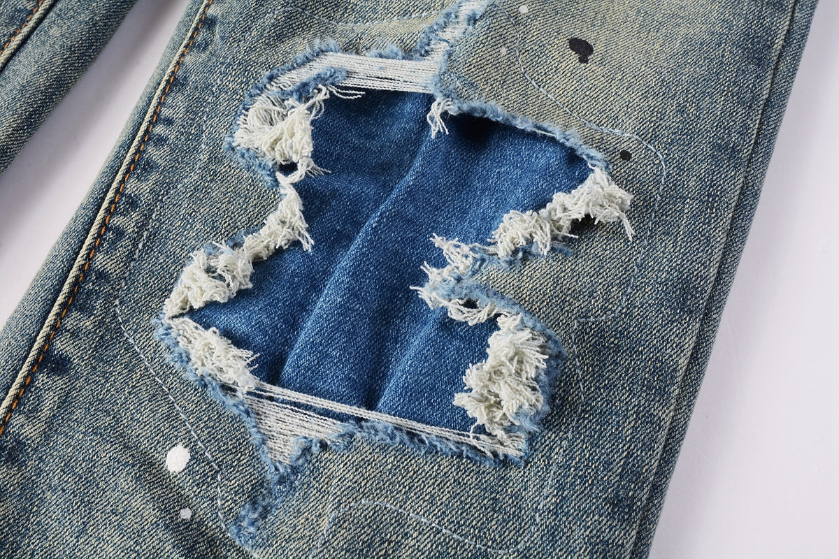Men Streetwear Skinny Jeans Light Blue Wash with Blue Patched Rips and White Paint Splatter 9050-1