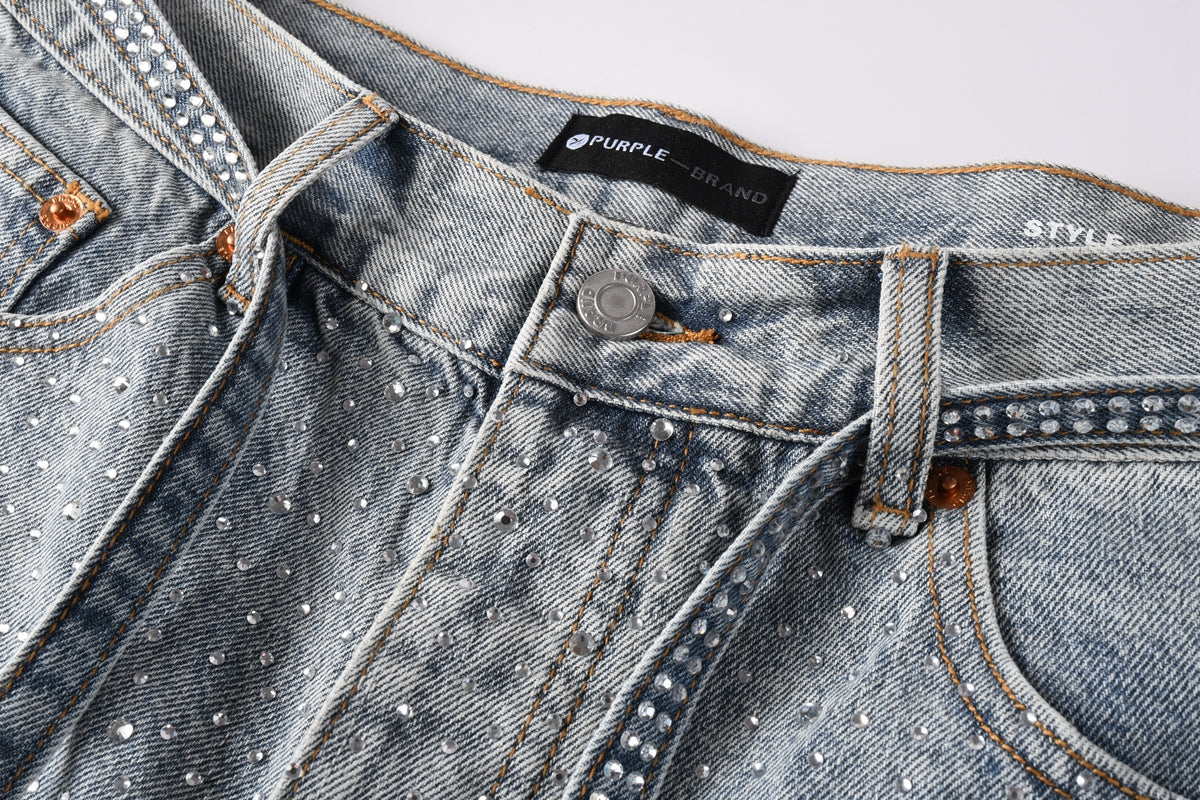 Men Streetwear Straight Denim Shorts Grey Wash with Rhinestone Speckles and Seam Accents 5096